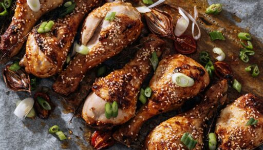Roasted chicken on platter with green onions