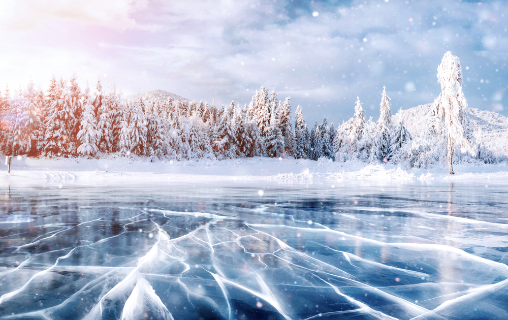 Cracks on the surface of frozen lake