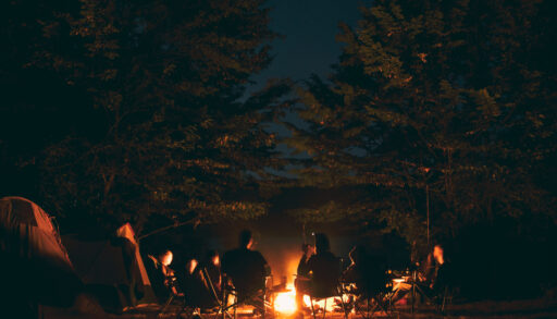Individuals sitting around burning campfire in forest