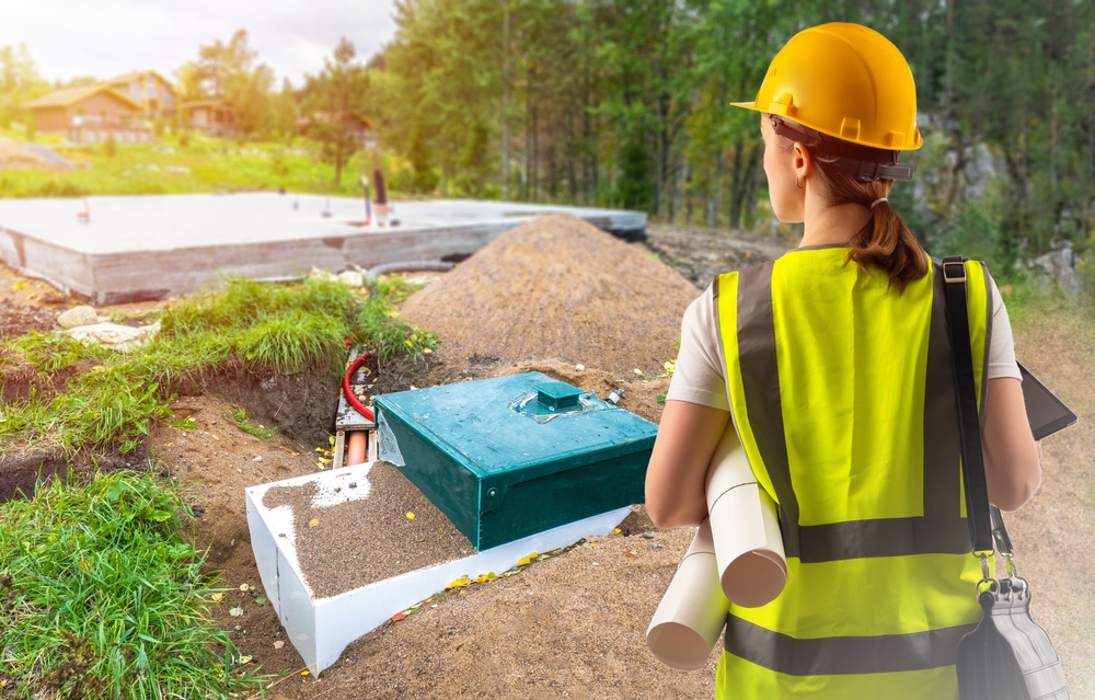 Woman watching septic tank construction site