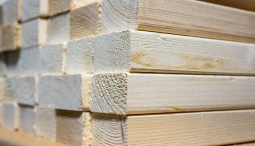 Close-up of stacked 2 x 4 pieces of wood.