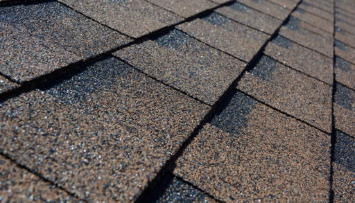 Close-up view of rooftop shingles.