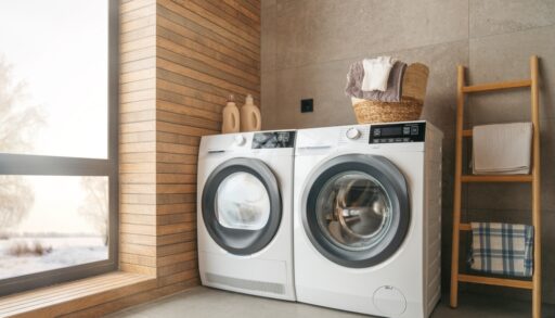 Interior of a laundry room with a washer and dryer.
