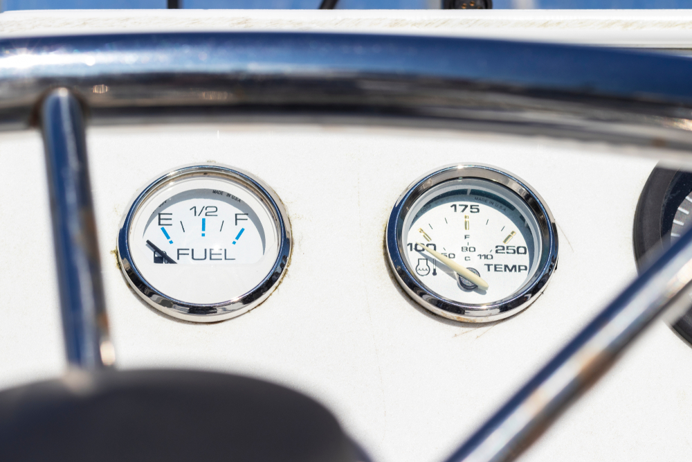 Close-up of the fuel gauge on a boat.