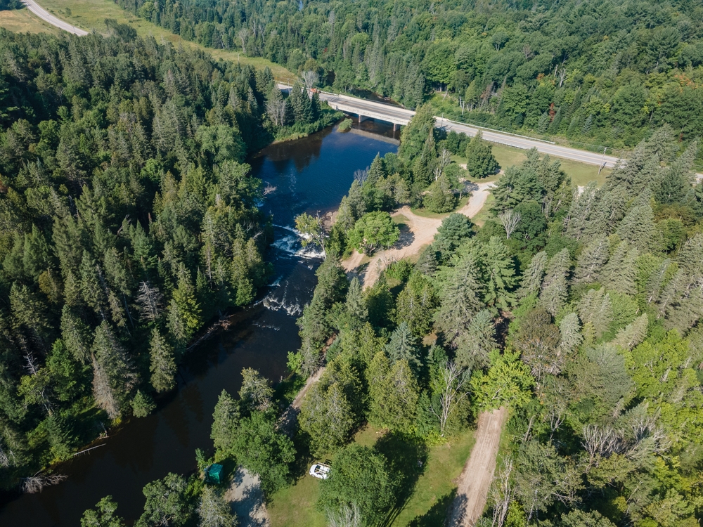 Aerial view of Gooderham Falls, Ontario near the Irondale River.