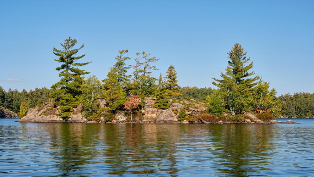 Island with trees on Skeleton Lake, near Skeleton Falls, Ontario.