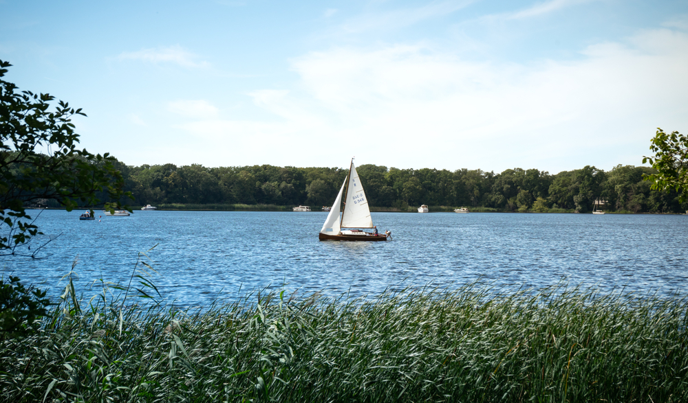 White sailboat on a lake.