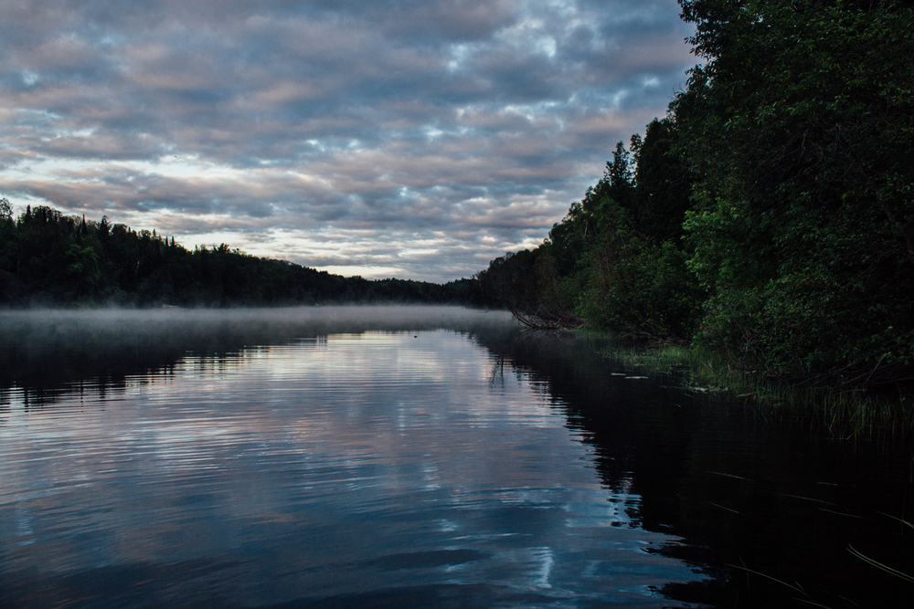 Photo of the Spanish River, Ontario on a cloudy, misty day.