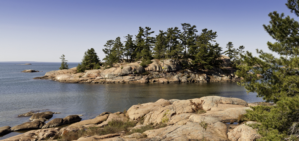 View of rock formations with trees in Georgian Bay, Ontario.