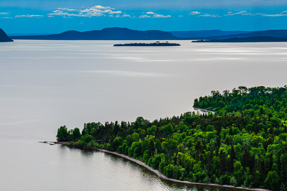Aerial view of Kama Bay, Nipigon, Ontario along the shore of Lake Superior.