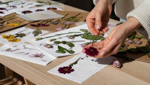 Woman laying pressed flowers on paper.