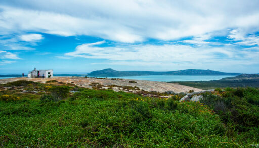 Landscape outside Cape Town, South Africa with a small, white cottage.