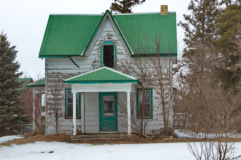 Abandoned cottage with a green roof.