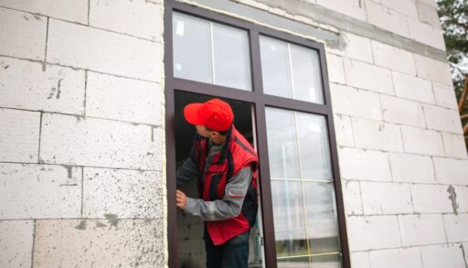 Man in a red vest checking a window after installation.