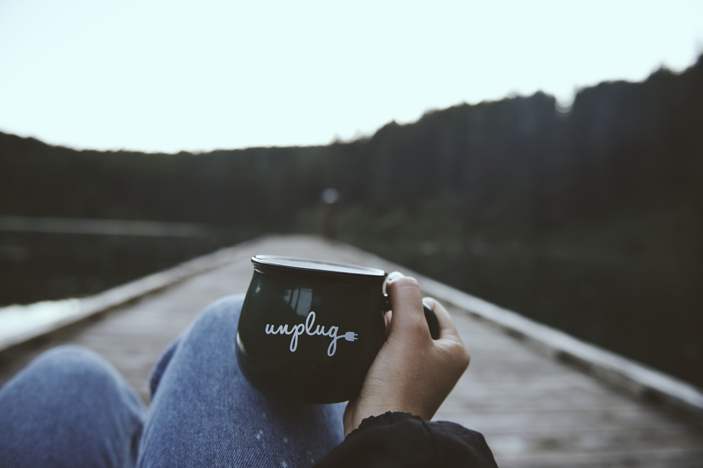 Person sitting on a dock holding a mug that says "unplug."