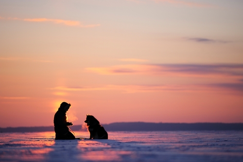 Person sitting with their dog on a frozen lake at sunset.