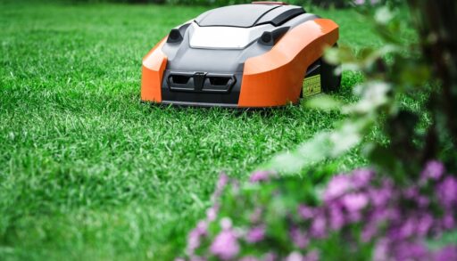 Orange robotic lawnmower cutting grass near purple flowers.