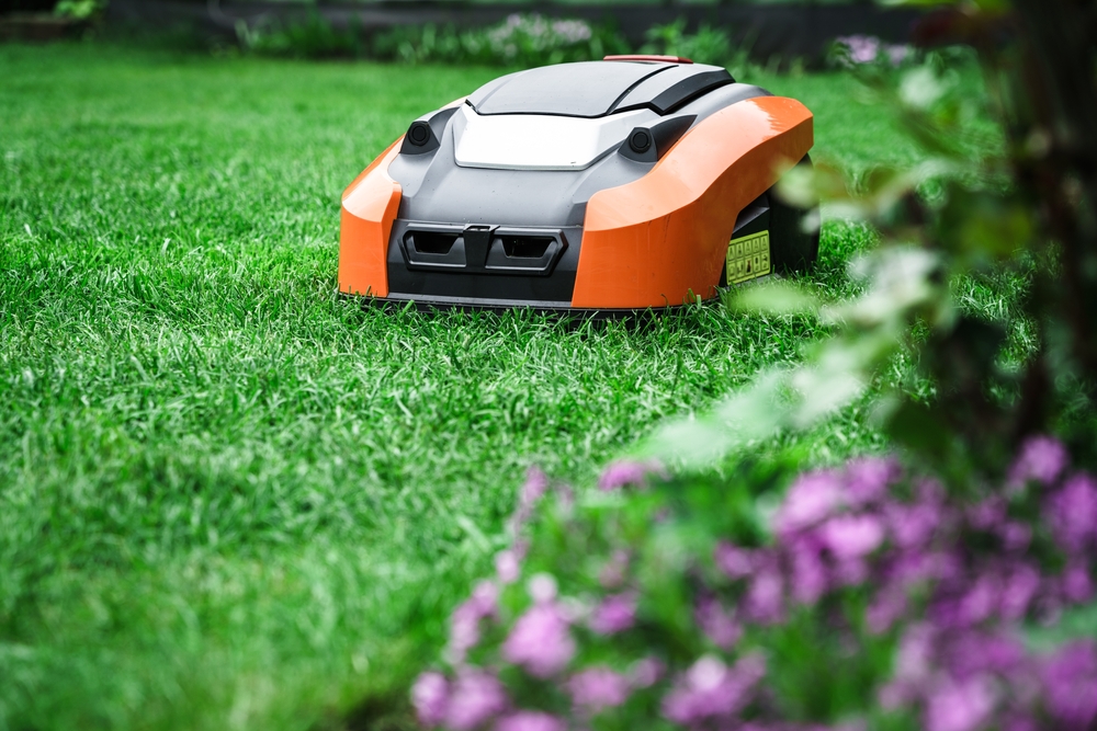 Orange robotic lawnmower cutting grass near purple flowers.