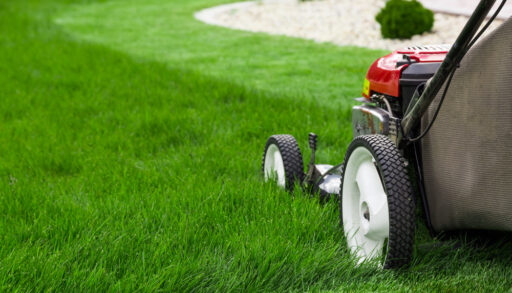 Close-up of a lawnmower cutting the grass.