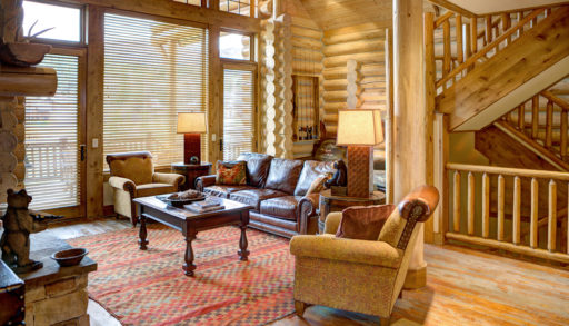 Driggs, Idaho, USA Oct. 27, 2014 A luxurious living room, with comfortable furnishings, in a modern log cabin in the mountains, staging for selling