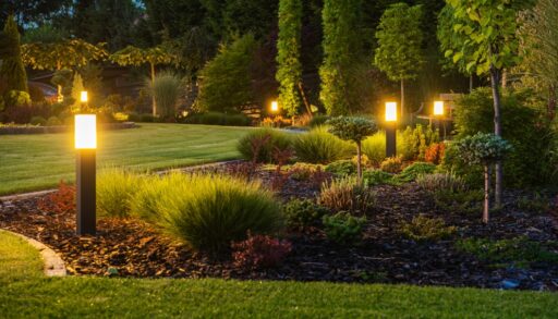 Exterior lights at night in a garden.