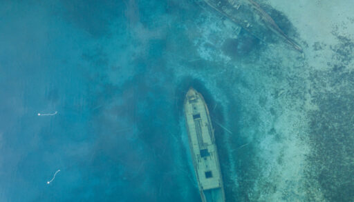 Aerial view of the sunken ship, Sweepstakes, in Tobermory.