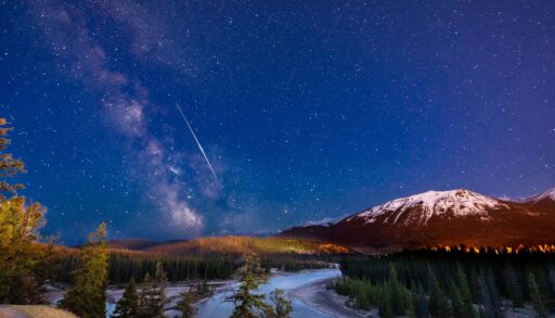 Bright, starry night sky over Jasper National Park.