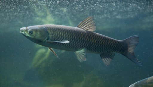 Green carp swimming in a murky, green lake.