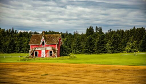 Abandoned red farmhouse in the middle of a field.