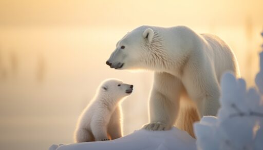 Polar bear and her cub sitting on a hill with golden light shining behind them.