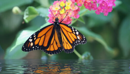 Monarch butterfly landing on a pink flower above a pool of water.