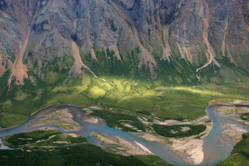 Aerial view of the green Torngat Mountains on the Labrador Peninsula, Newfoundland and Labrador, Canada.