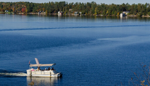 Pontoon boat on a blue lake with a shore covered in trees in the background.
