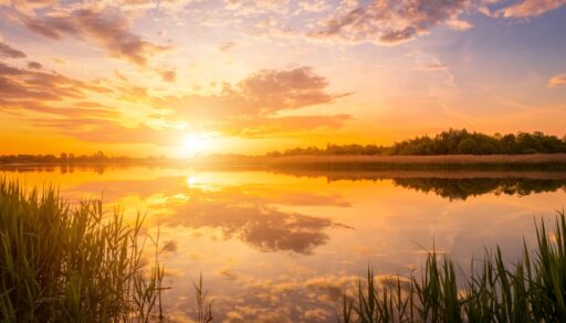Sunset over a lake surrounded by trees and tall grasses.