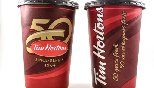 Red Tim Hortons cups celebrating 50 years.