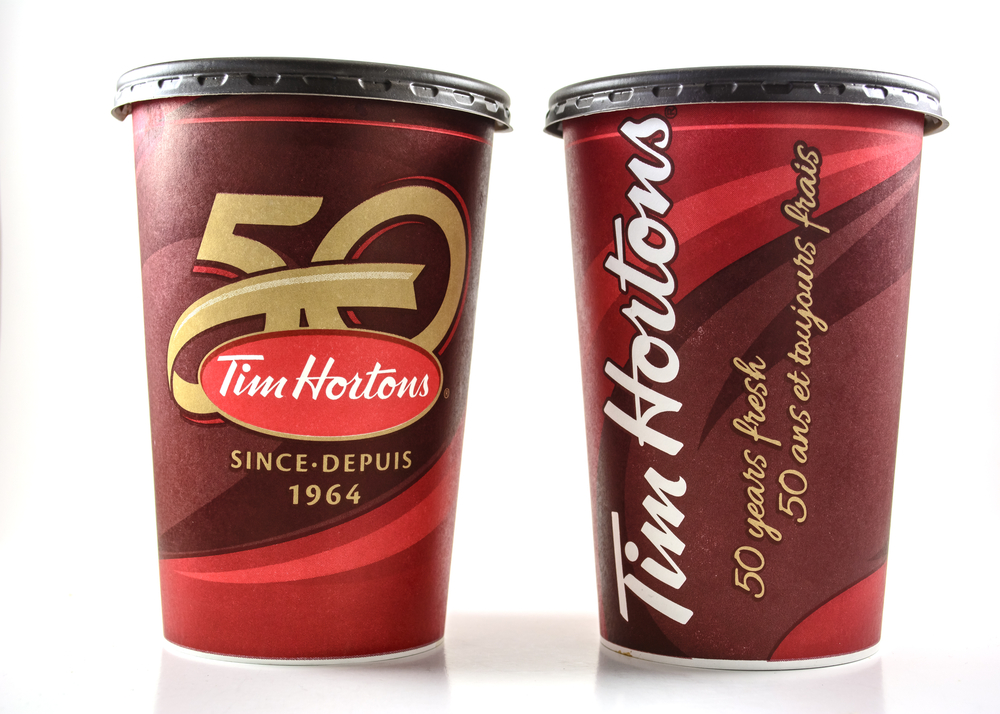 Red Tim Hortons cups celebrating 50 years.