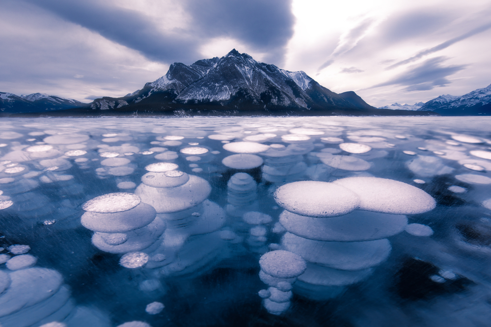 Ice bubbles on a frozen Abraham Lake, Alberta, Canada.