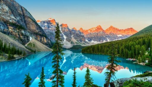 Sunrise over the Valley of the Ten Peaks near Moraine Lake, Banff, Alberta, Canada.