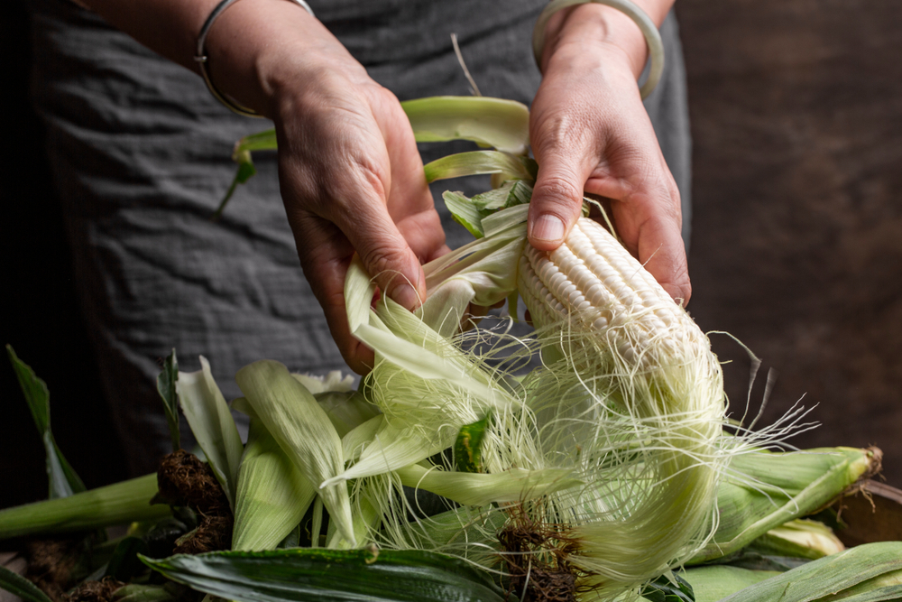 Close-up of a woman shucking corn.