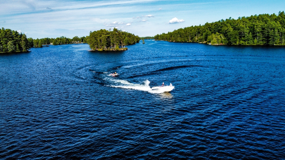 Aerial view of a boat on Kawartha Lakes, Ontario.