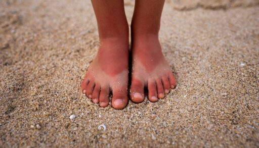 Close-up of a person's sunburned feet in the sand.