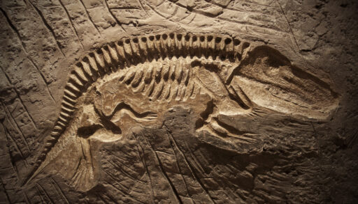 Dinosaur fossil imprint in rock.