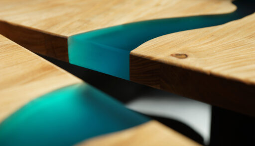 Close-up of wood combined with blue resin.