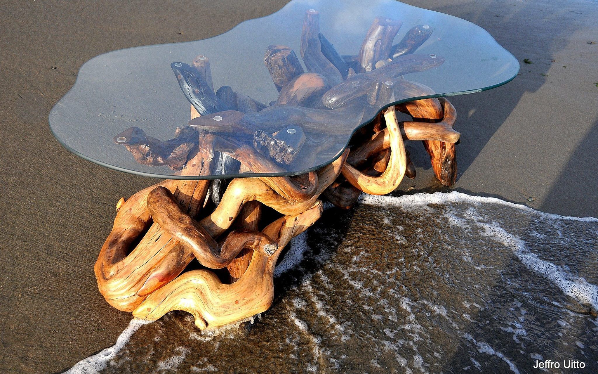 Driftwood table with glass top
