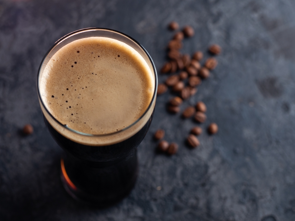 Close-up of a dark-coloured beer made with coffee.
