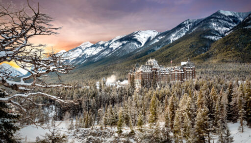 The Fairmont Springs Hotel during winter in Banff National Park, Alberta.