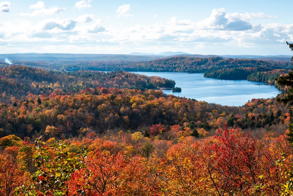 View of Lake Stukely on an autumn day in Mont Orford National Park, Quebec.