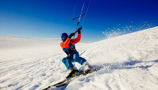 Close-up of a skier with a snow kite.