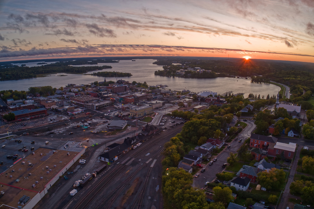 Aerial view of Kenora, Ontario at sunset.