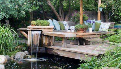 Outdoor living area with fish pond.